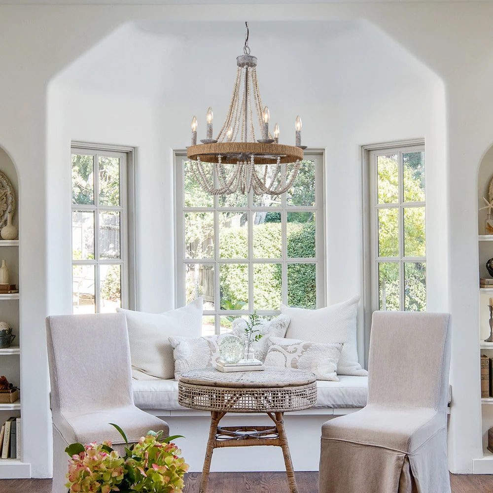 Cavitt Chandelier – Rustic Wooden Beaded & Hemp Wrapped 6-Light Chandelier