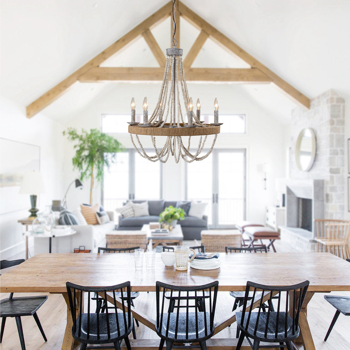 Cavitt Chandelier – Rustic Wooden Beaded & Hemp Wrapped 6-Light Chandelier