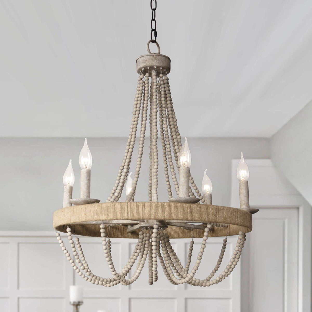 Cavitt Chandelier – Rustic Wooden Beaded & Hemp Wrapped 6-Light Chandelier