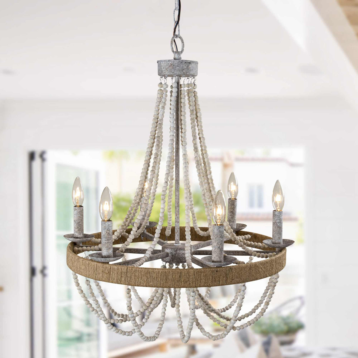 Cavitt Chandelier – Rustic Wooden Beaded & Hemp Wrapped 6-Light Chandelier
