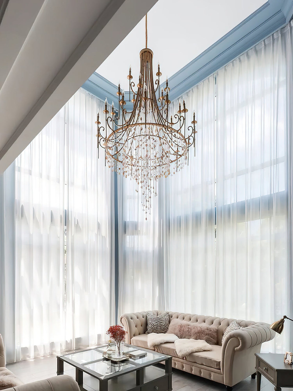 Cebu Chandelier – Tiered Metal Chandelier with Natural Shell, Alabaster & Crystal Charms