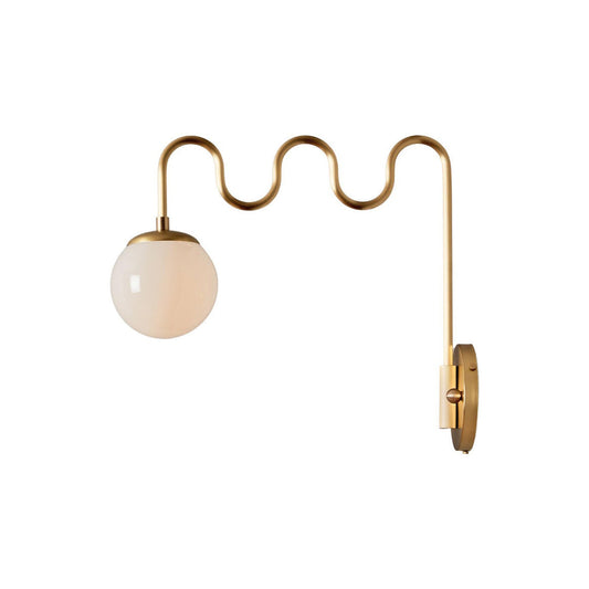 Cecil Wall Lamp – Undulating Bent Brass Arm & Swivel Glass Globe Sconce
