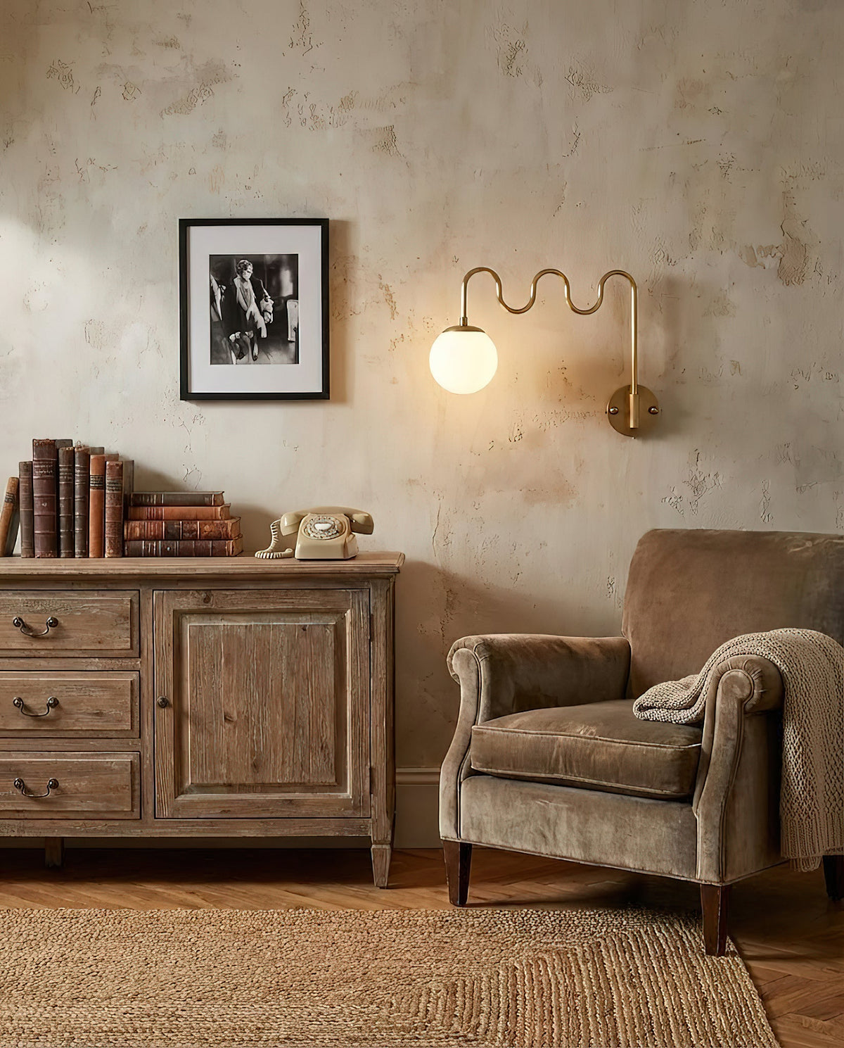 Cecil Wall Lamp – Undulating Bent Brass Arm & Swivel Glass Globe Sconce