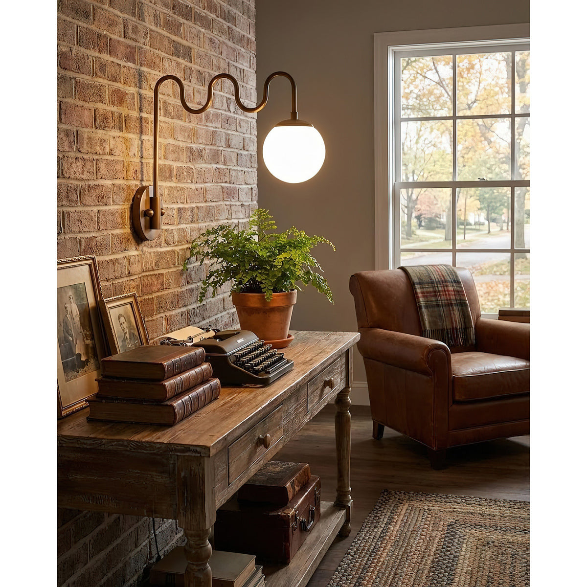 Cecil Wall Lamp – Undulating Bent Brass Arm & Swivel Glass Globe Sconce