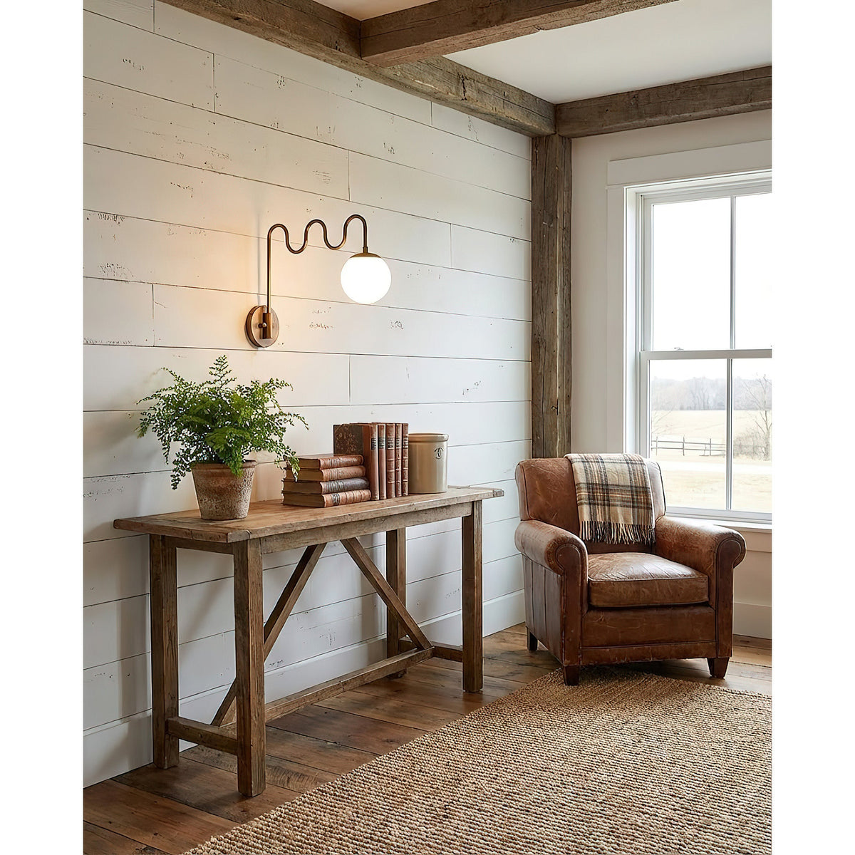 Cecil Wall Lamp – Undulating Bent Brass Arm & Swivel Glass Globe Sconce