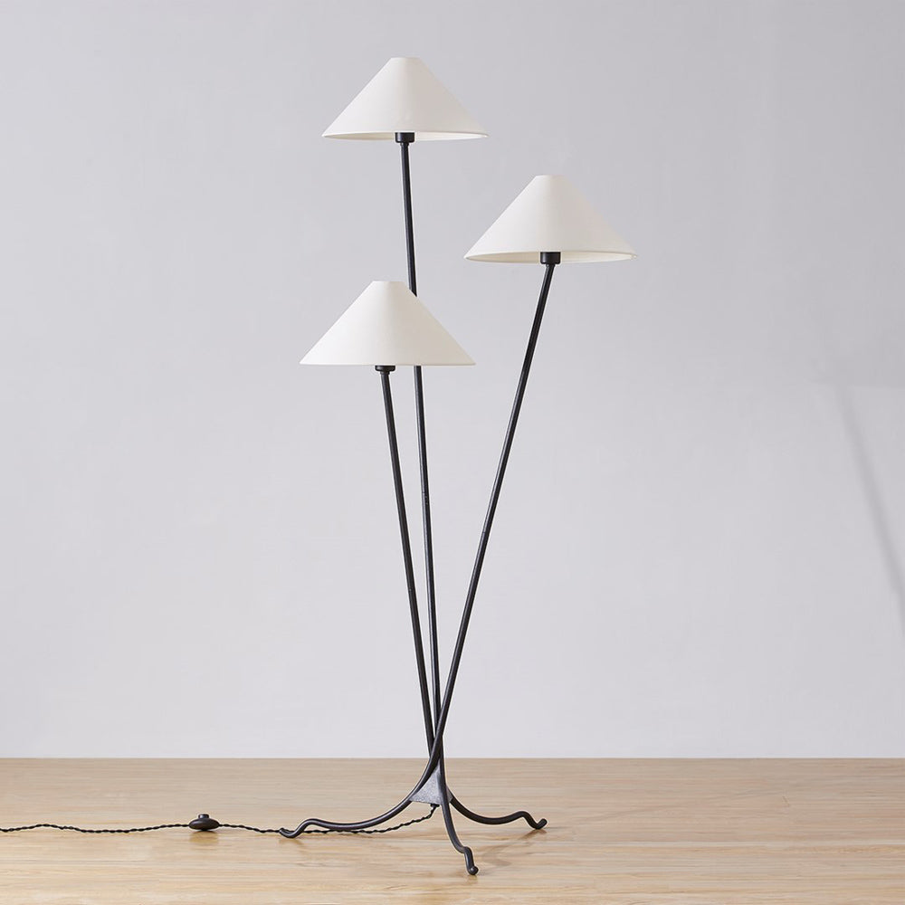 Cedar Floor Lamp - Modern 3-Light Brass Tripod Light with Linen Shades