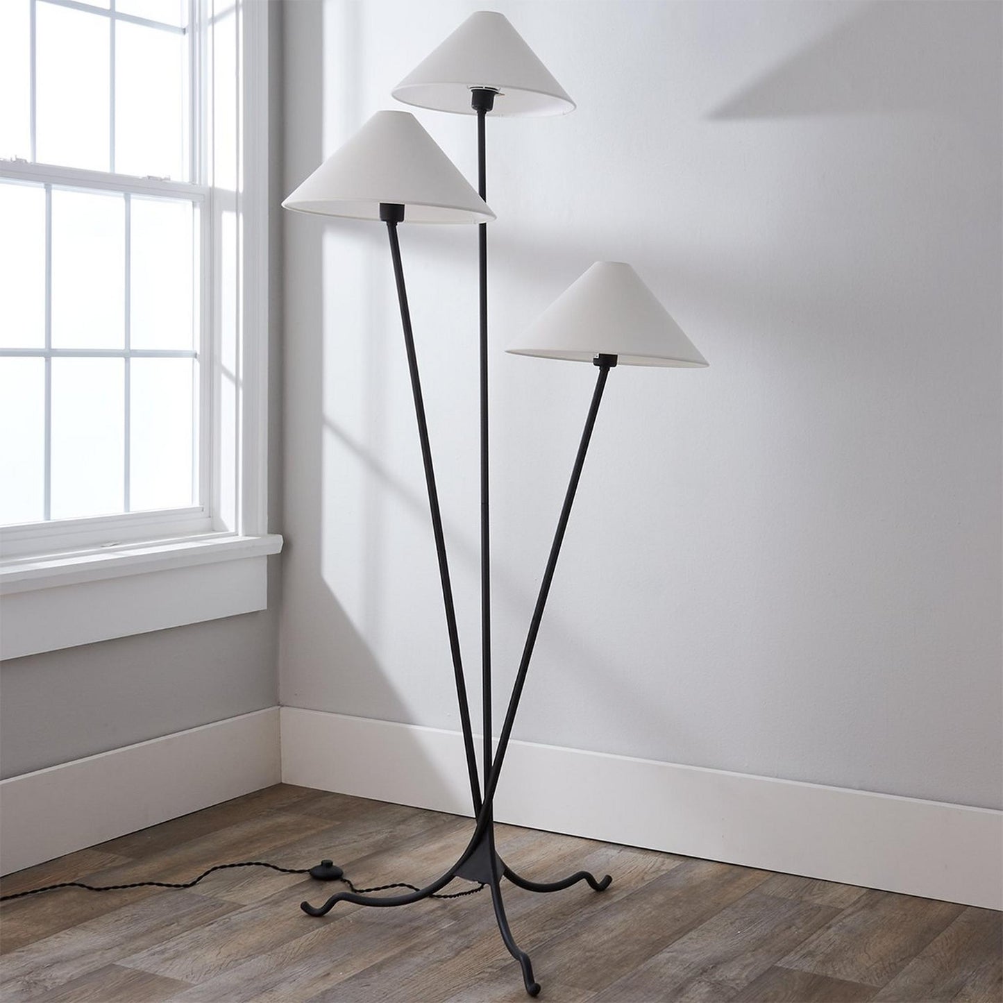 Cedar Floor Lamp - Modern 3-Light Brass Tripod Light with Linen Shades