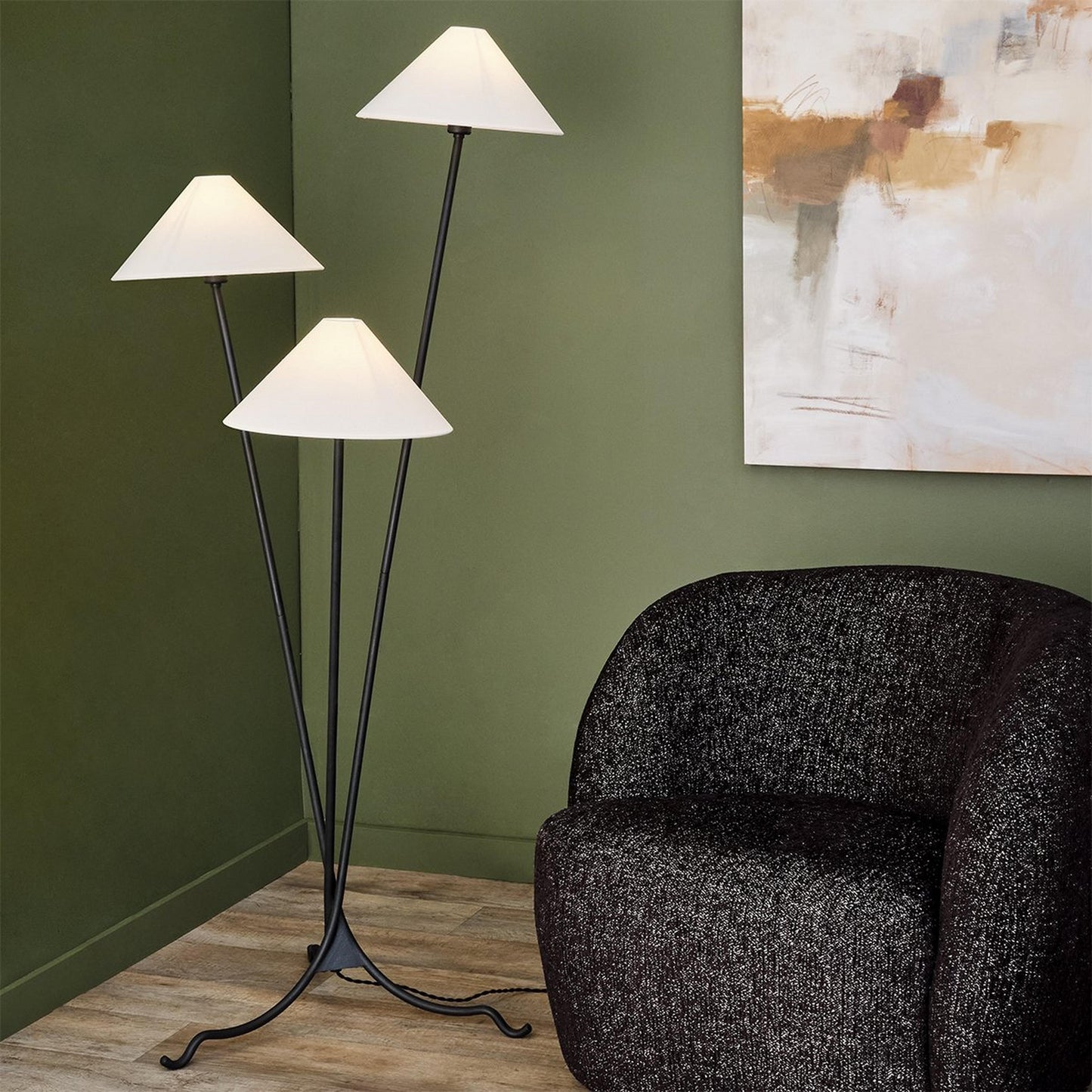 Cedar Floor Lamp - Modern 3-Light Brass Tripod Light with Linen Shades