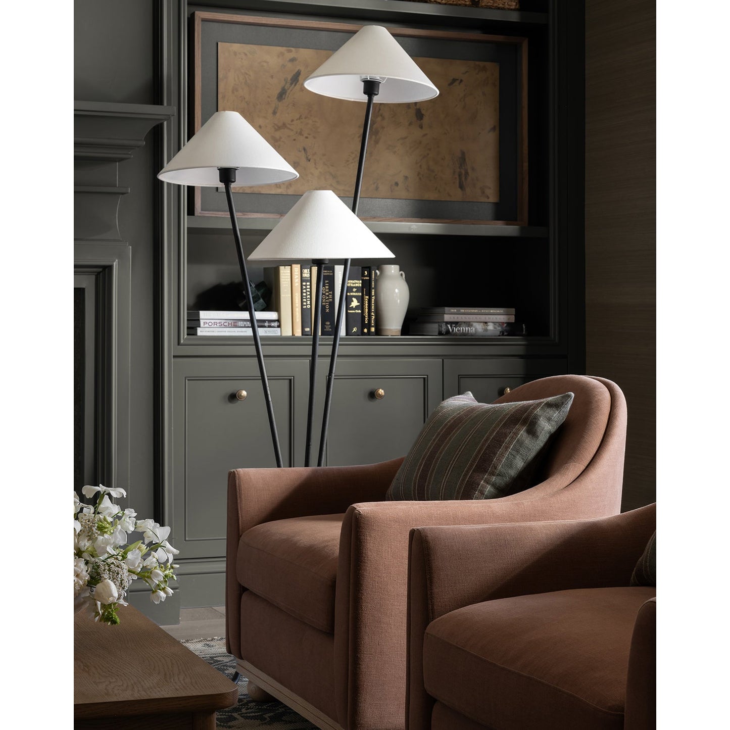 Cedar Floor Lamp - Modern 3-Light Brass Tripod Light with Linen Shades