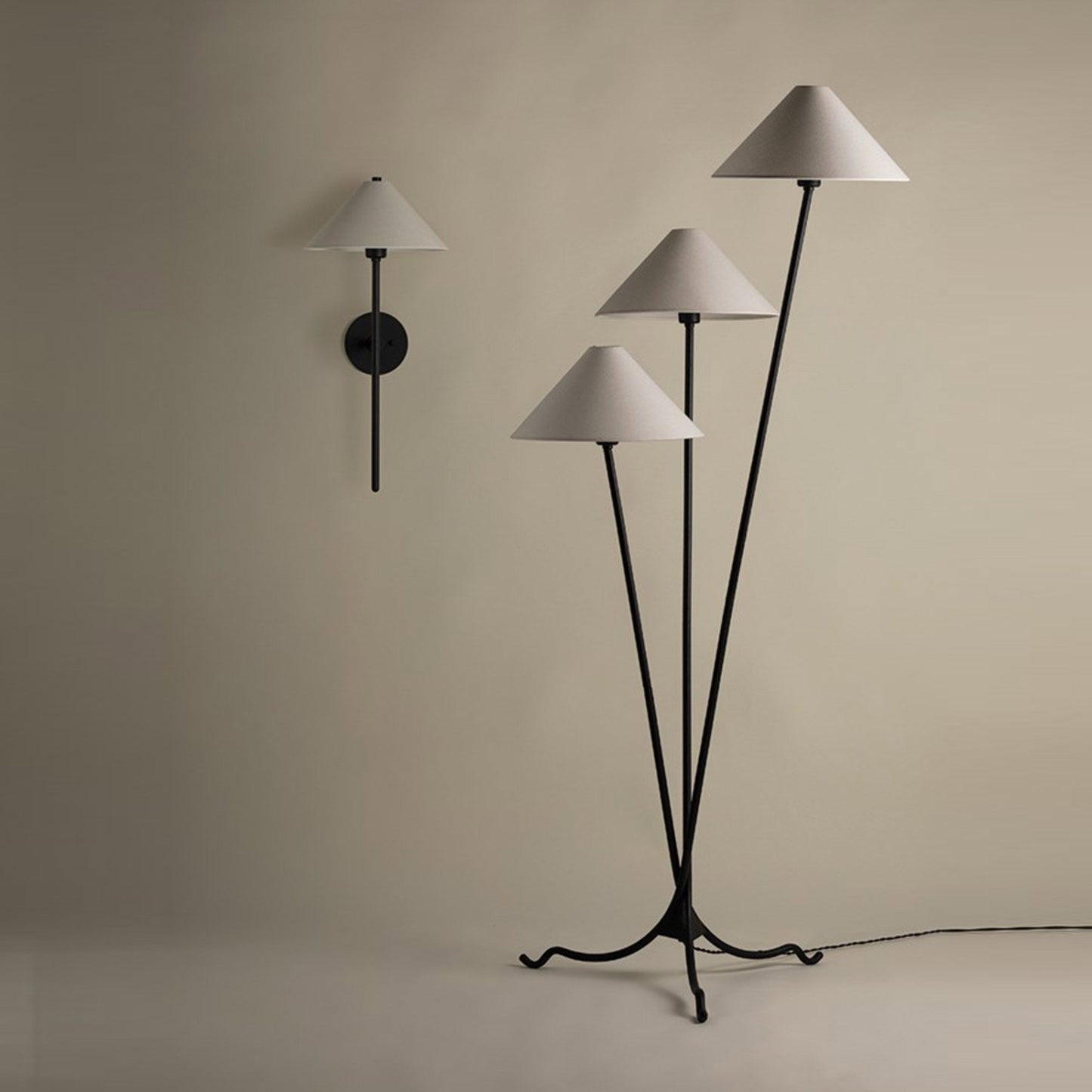 Cedar Floor Lamp - Modern 3-Light Brass Tripod Light with Linen Shades