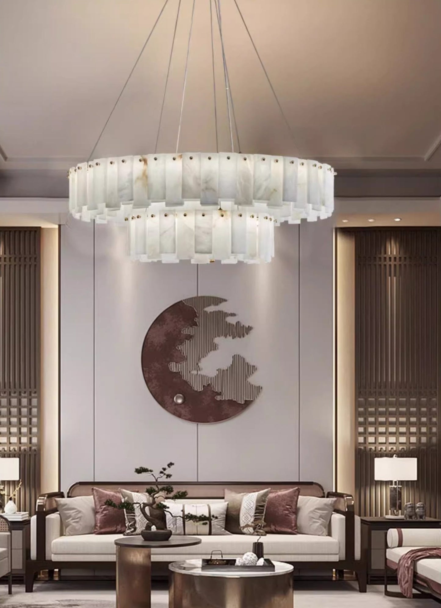 Celestial Alabaster Round Chandelier - Luxury Natural Stone & Brass Tiered Pendant