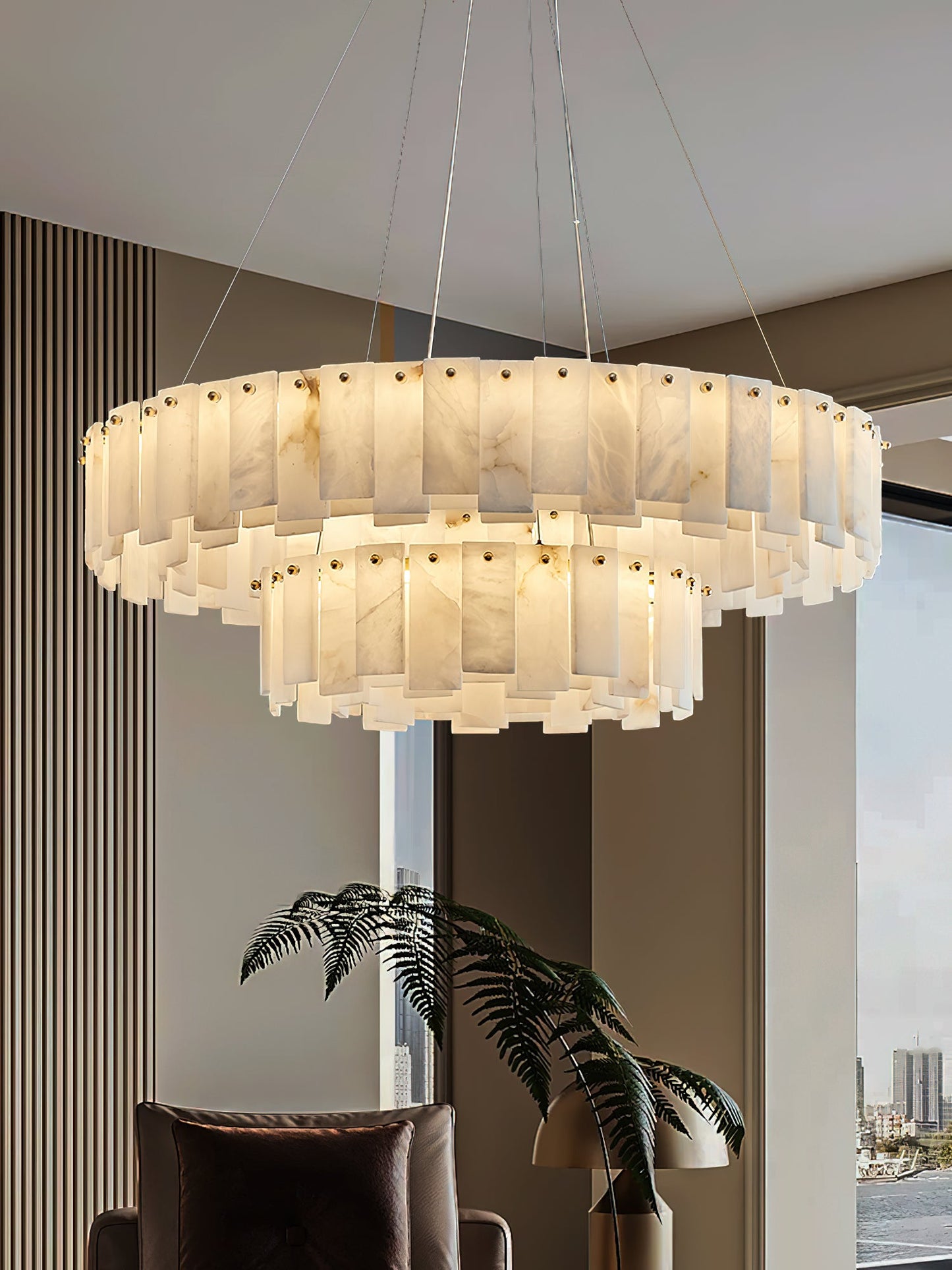 Celestial Alabaster Round Chandelier - Luxury Natural Stone & Brass Tiered Pendant