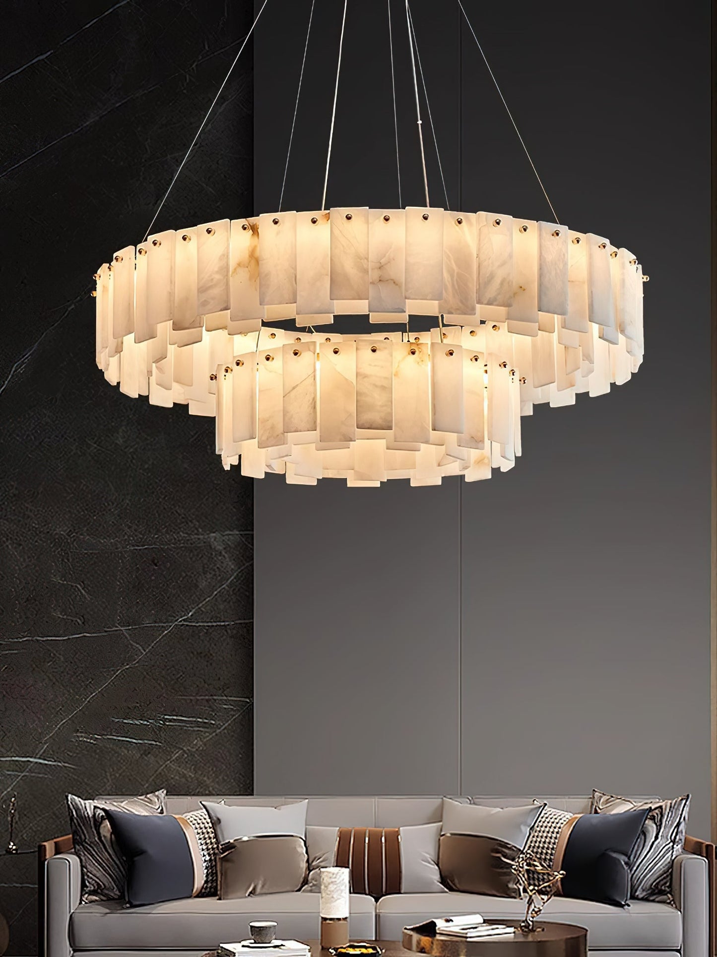 Celestial Alabaster Round Chandelier - Luxury Natural Stone & Brass Tiered Pendant