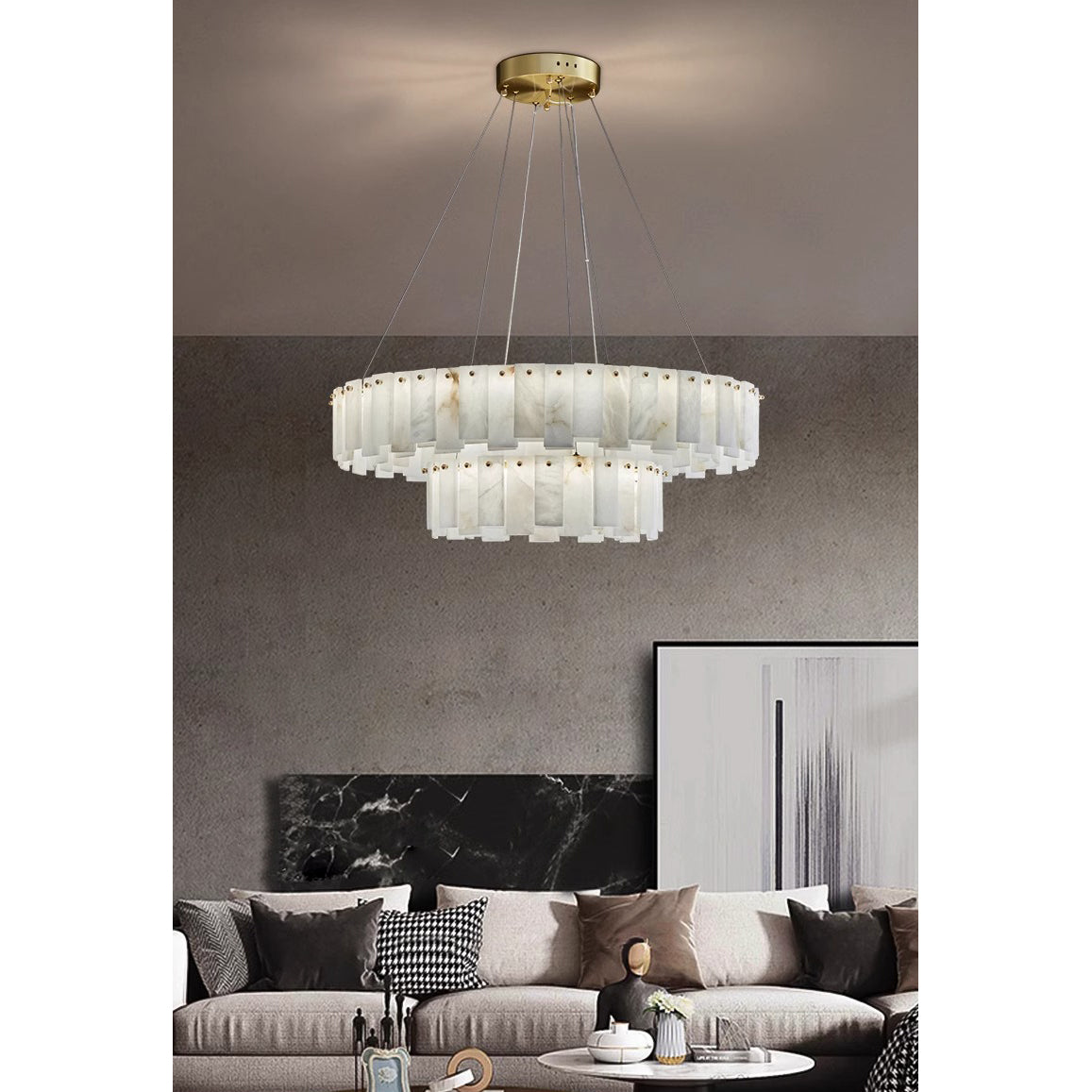 Celestial Alabaster Round Chandelier - Luxury Natural Stone & Brass Tiered Pendant