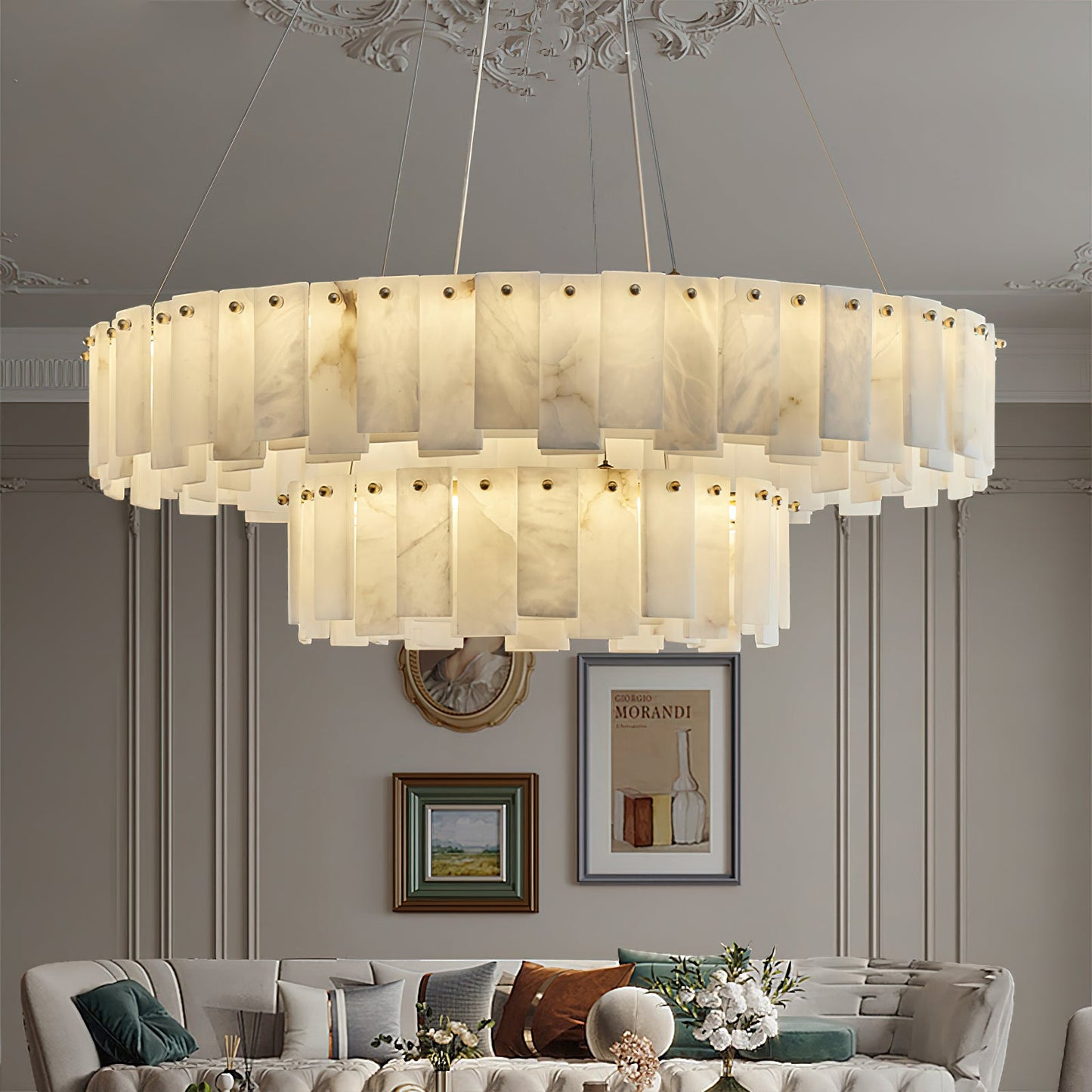 Celestial Alabaster Round Chandelier - Luxury Natural Stone & Brass Tiered Pendant
