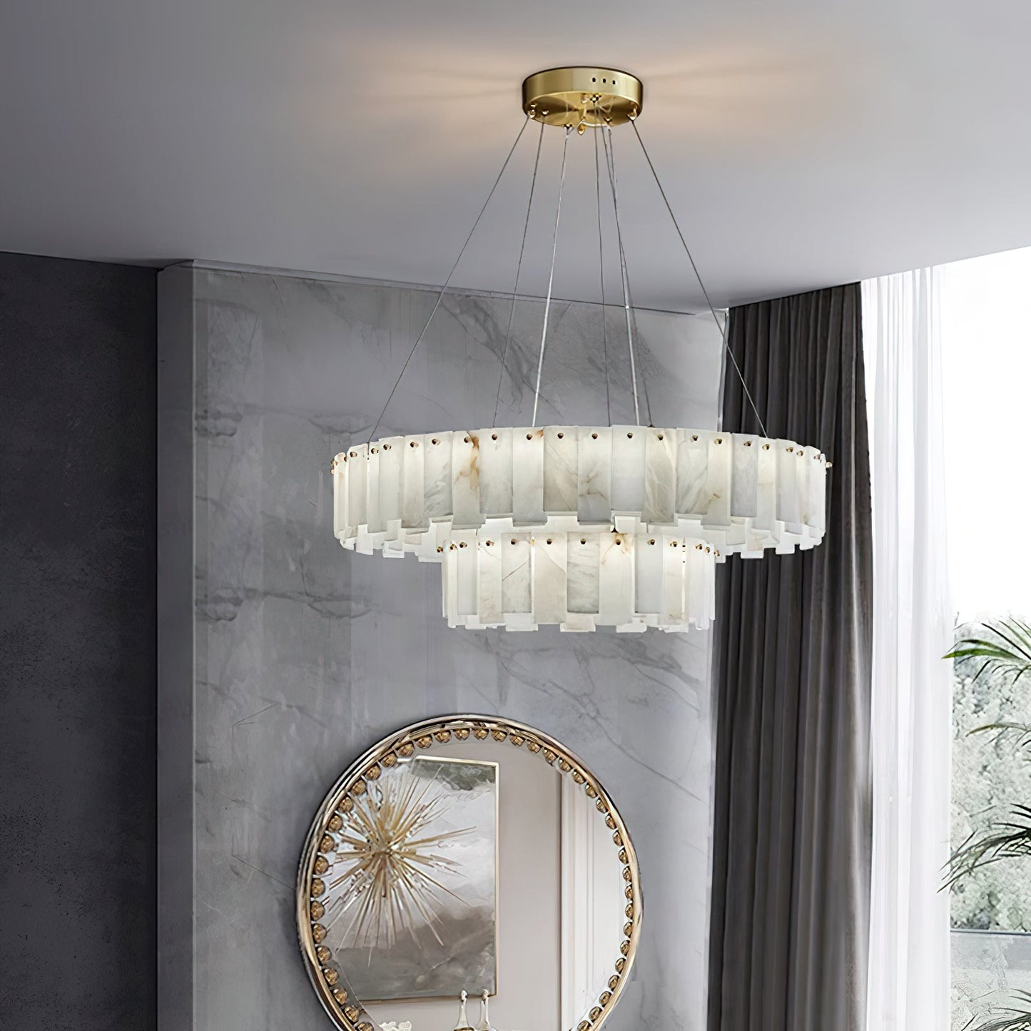 Celestial Alabaster Round Chandelier - Luxury Natural Stone & Brass Tiered Pendant