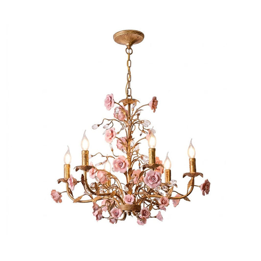 Ceramic Rose Vine Chandelier - Luxury Floral 5/6/8-Light Brass & Crystal Pendan