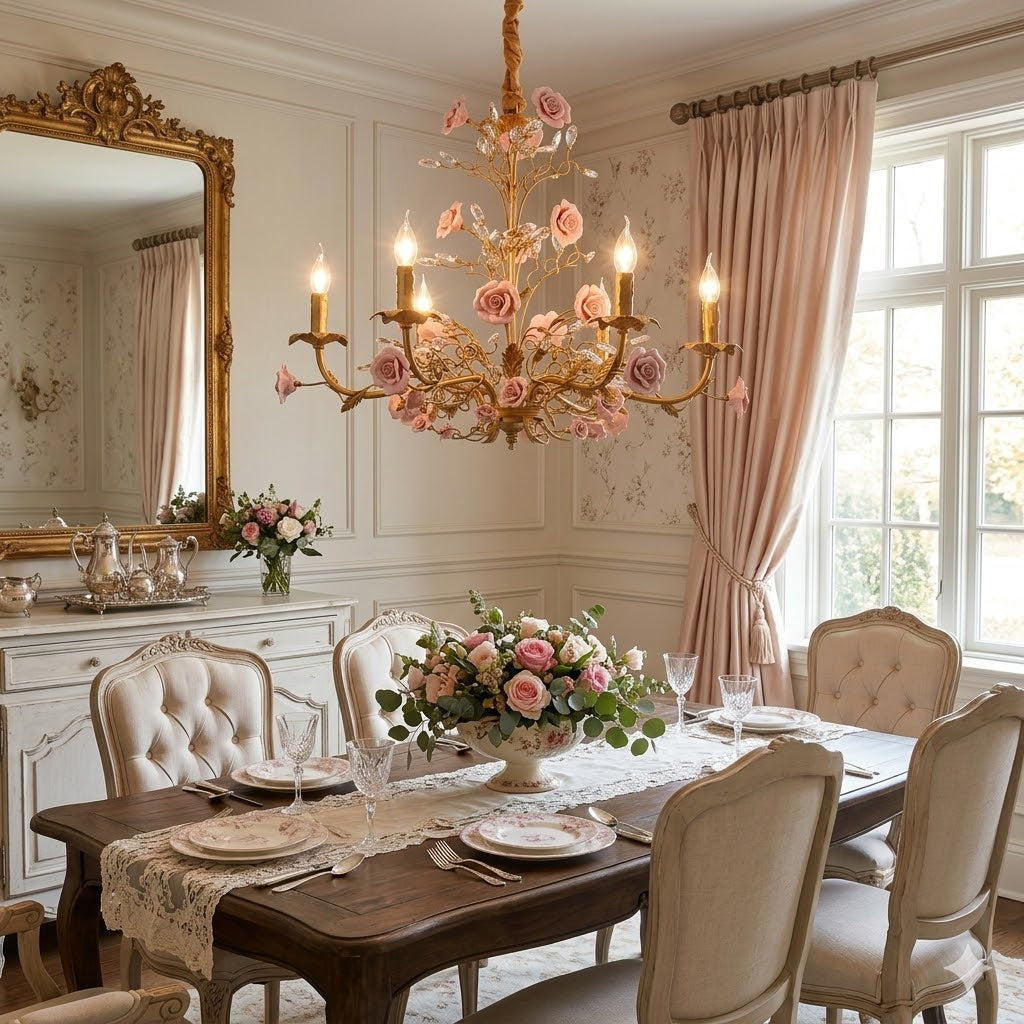 Ceramic Rose Vine Chandelier - Luxury Floral 5/6/8-Light Brass & Crystal Pendan