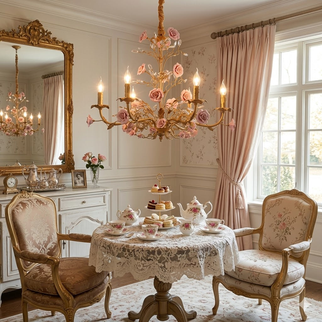 Ceramic Rose Vine Chandelier - Luxury Floral 5/6/8-Light Brass & Crystal Pendan