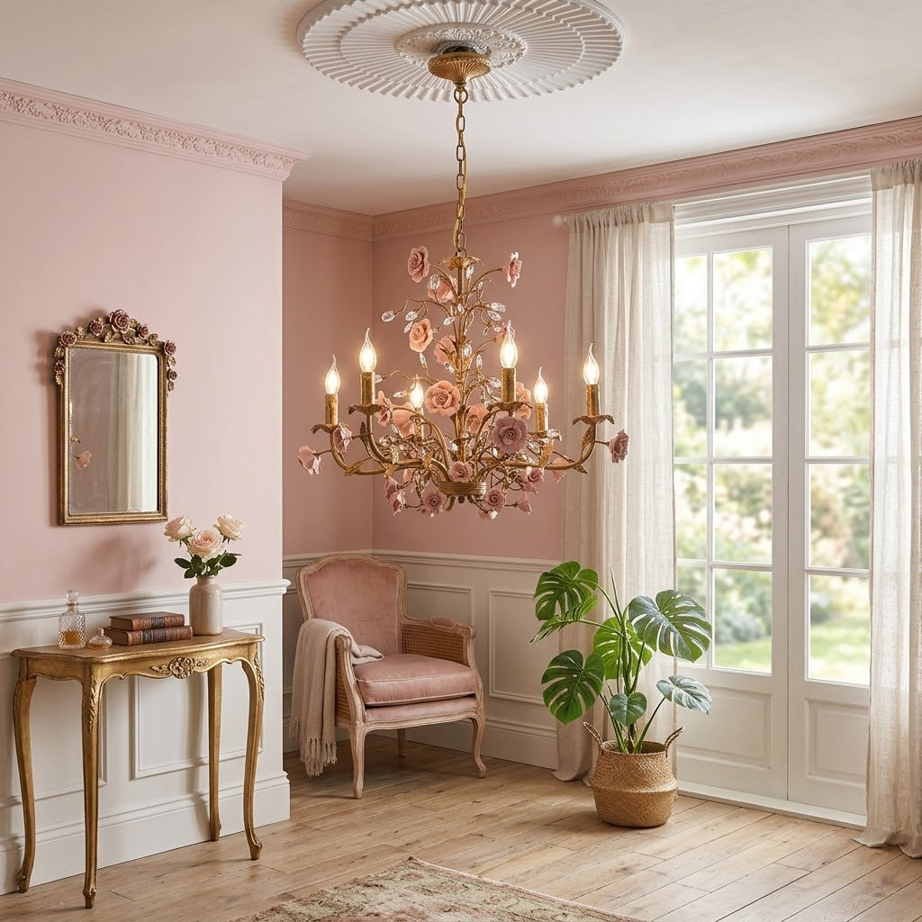 Ceramic Rose Vine Chandelier - Luxury Floral 5/6/8-Light Brass & Crystal Pendan