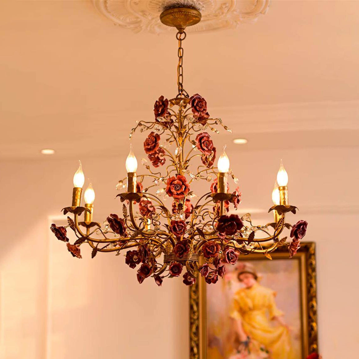 Ceramic Rose Vine Chandelier - Luxury Floral 5/6/8-Light Brass & Crystal Pendan