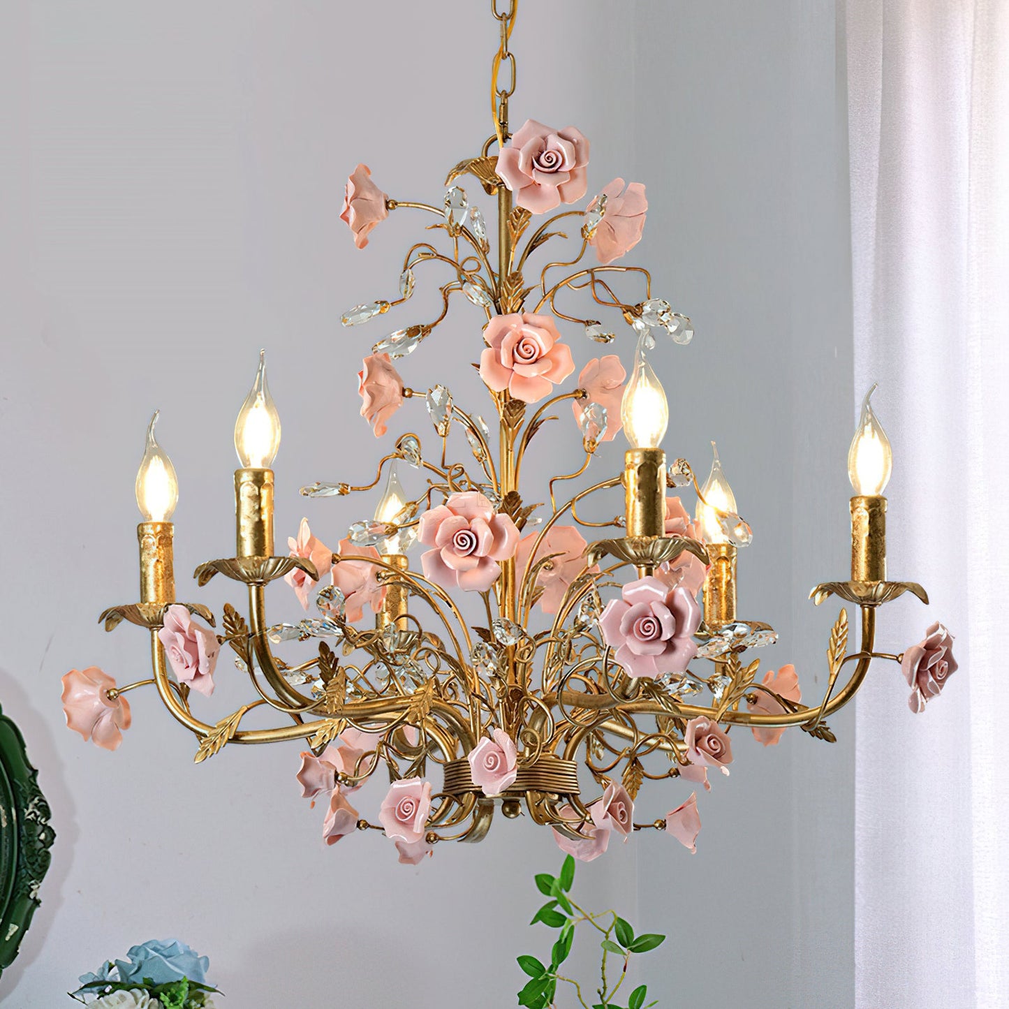 Ceramic Rose Vine Chandelier - Luxury Floral 5/6/8-Light Brass & Crystal Pendan