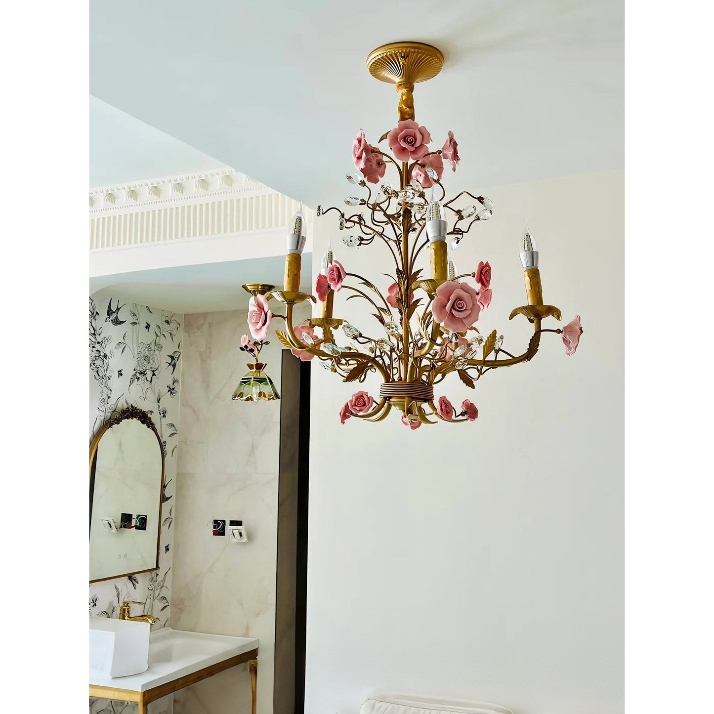 Ceramic Rose Vine Chandelier - Luxury Floral 5/6/8-Light Brass & Crystal Pendan