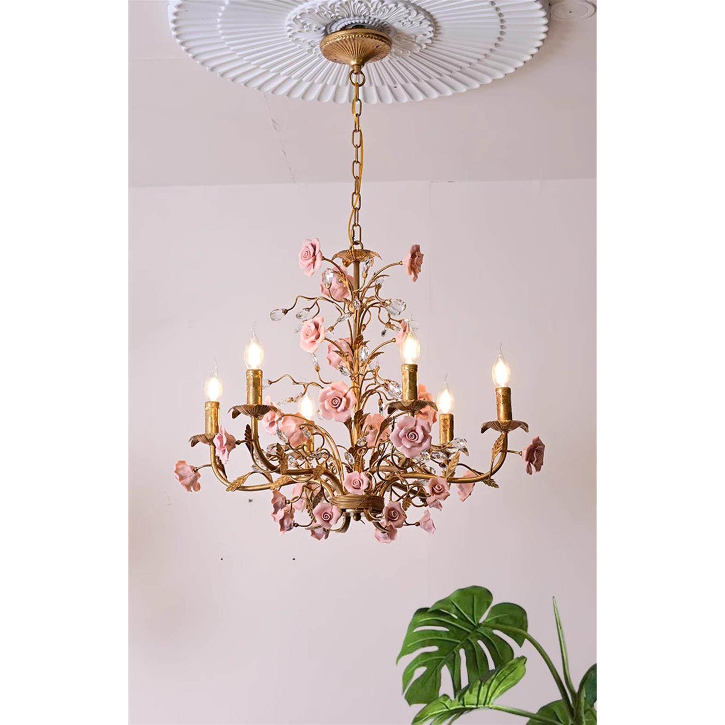 Ceramic Rose Vine Chandelier - Luxury Floral 5/6/8-Light Brass & Crystal Pendan