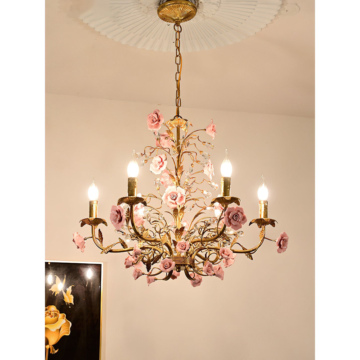 Ceramic Rose Vine Chandelier - Luxury Floral 5/6/8-Light Brass & Crystal Pendan