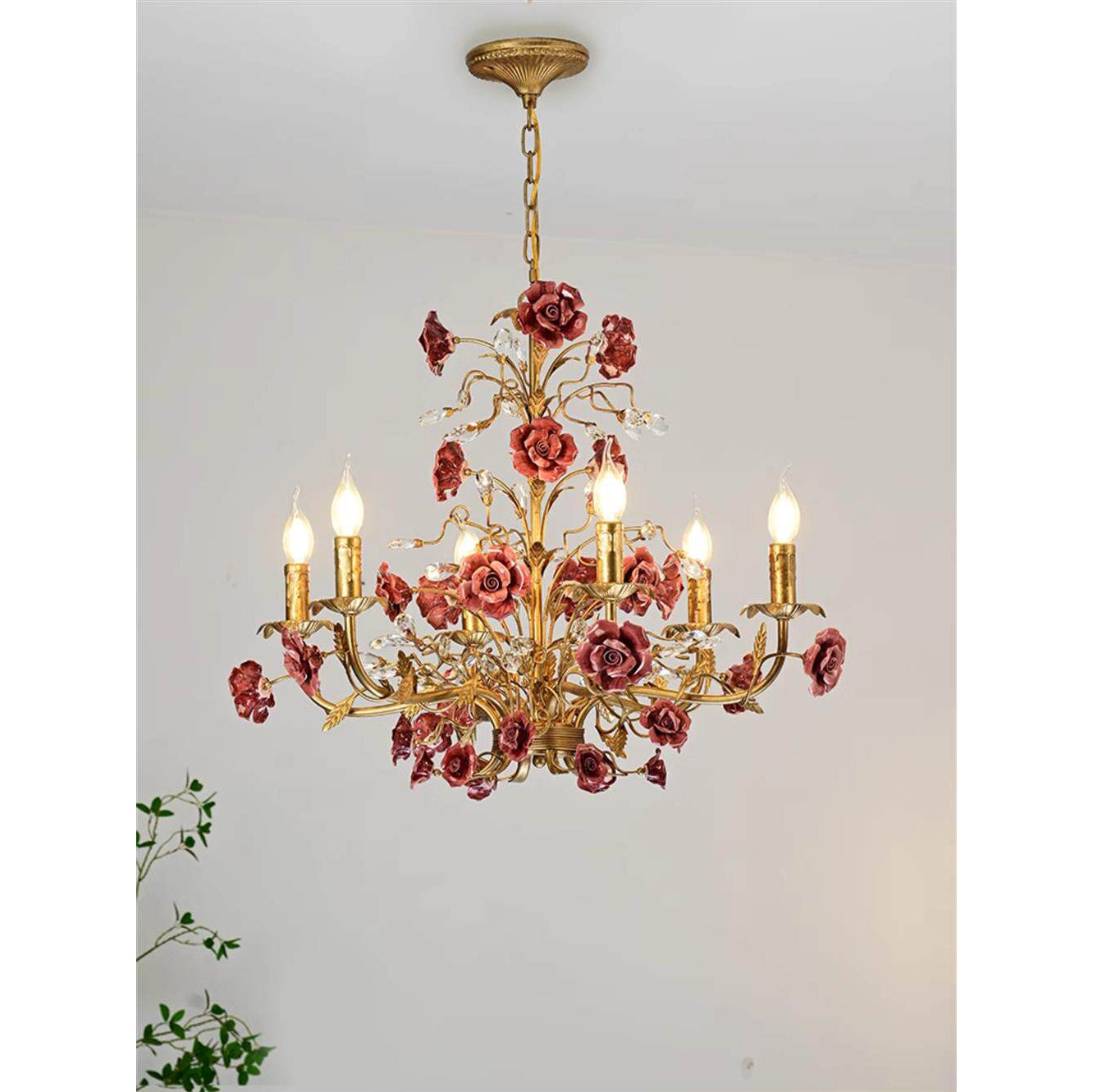 Ceramic Rose Vine Chandelier - Luxury Floral 5/6/8-Light Brass & Crystal Pendan