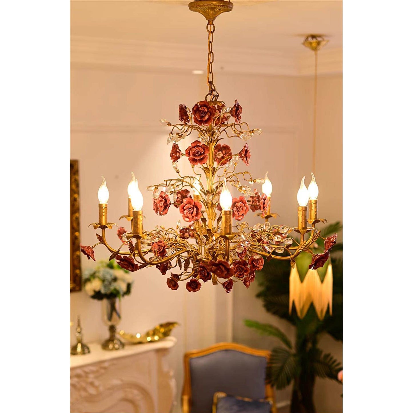 Ceramic Rose Vine Chandelier - Luxury Floral 5/6/8-Light Brass & Crystal Pendan