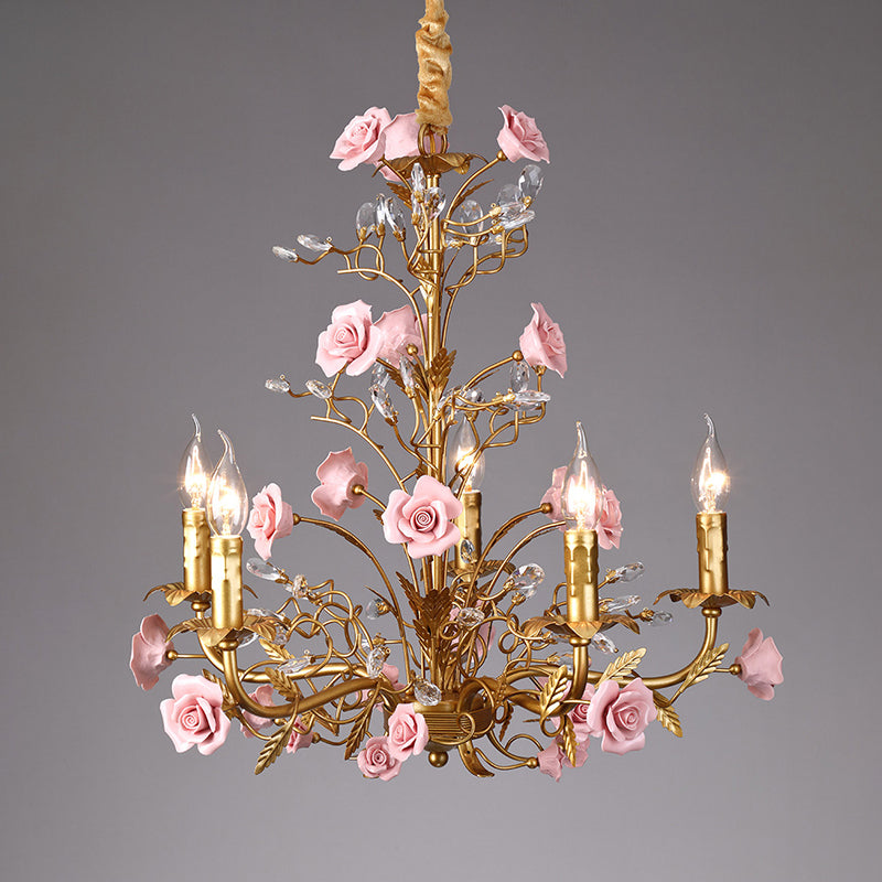 Ceramic Rose Vine Chandelier - Luxury Floral 5/6/8-Light Brass & Crystal Pendan