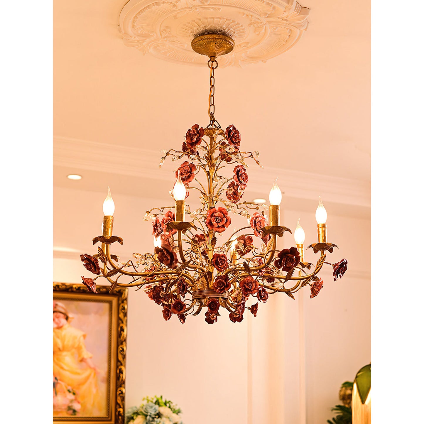 Ceramic Rose Vine Chandelier - Luxury Floral 5/6/8-Light Brass & Crystal Pendan