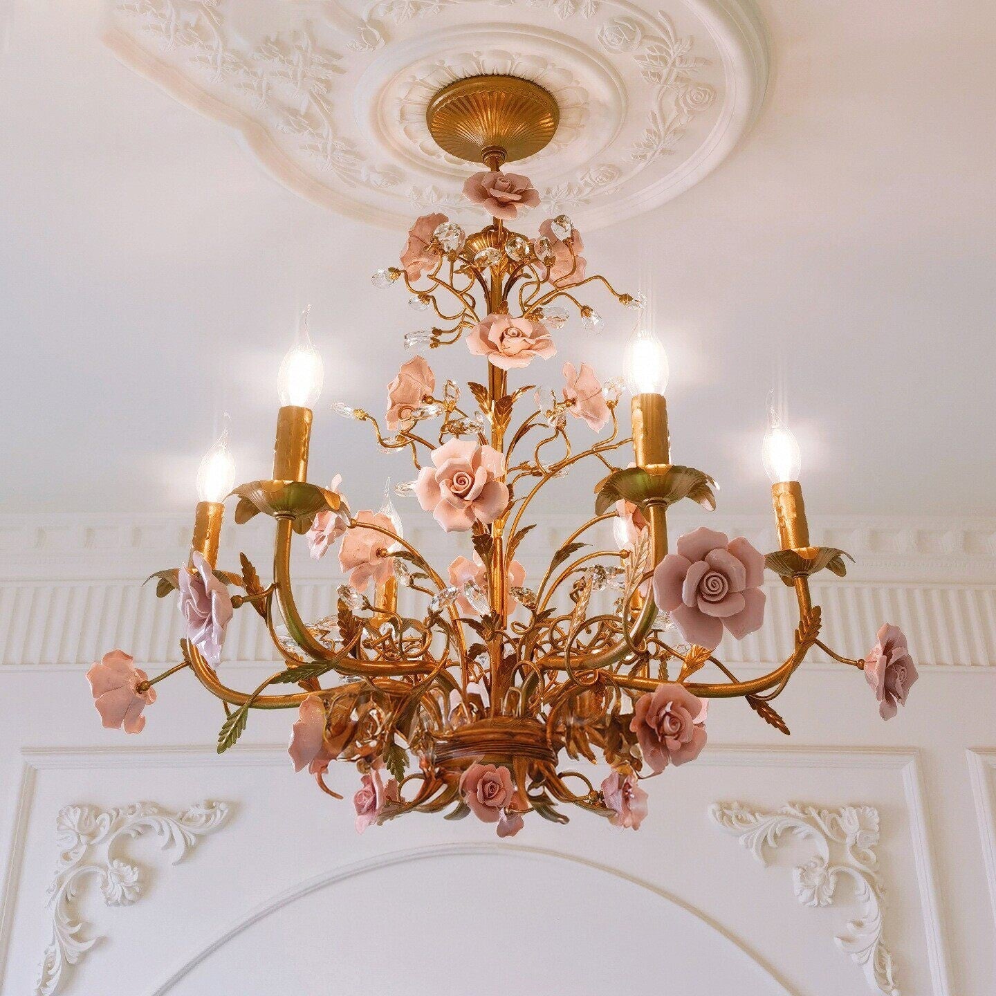Ceramic Rose Vine Chandelier - Luxury Floral 5/6/8-Light Brass & Crystal Pendan