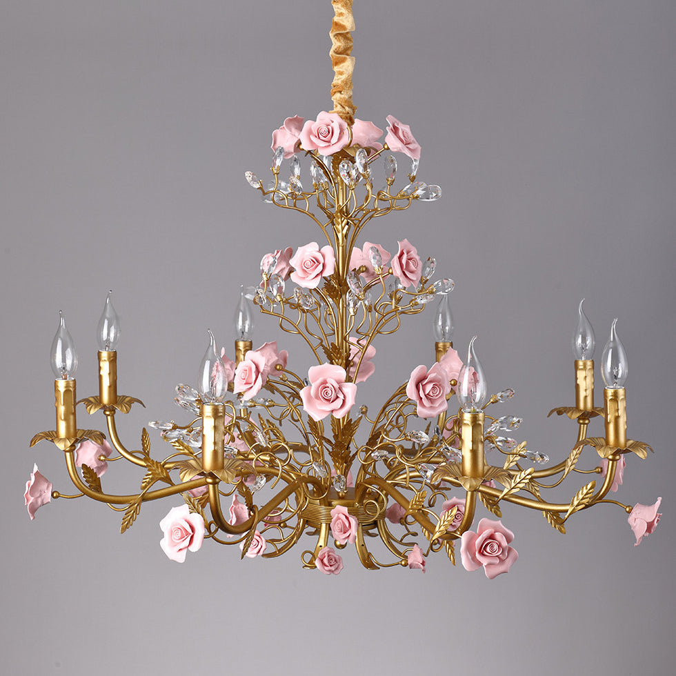 Ceramic Rose Vine Chandelier - Luxury Floral 5/6/8-Light Brass & Crystal Pendan