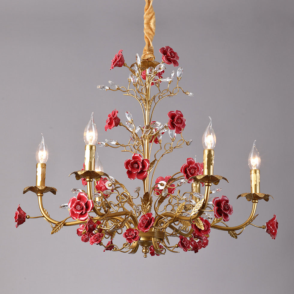 Ceramic Rose Vine Chandelier - Luxury Floral 5/6/8-Light Brass & Crystal Pendan