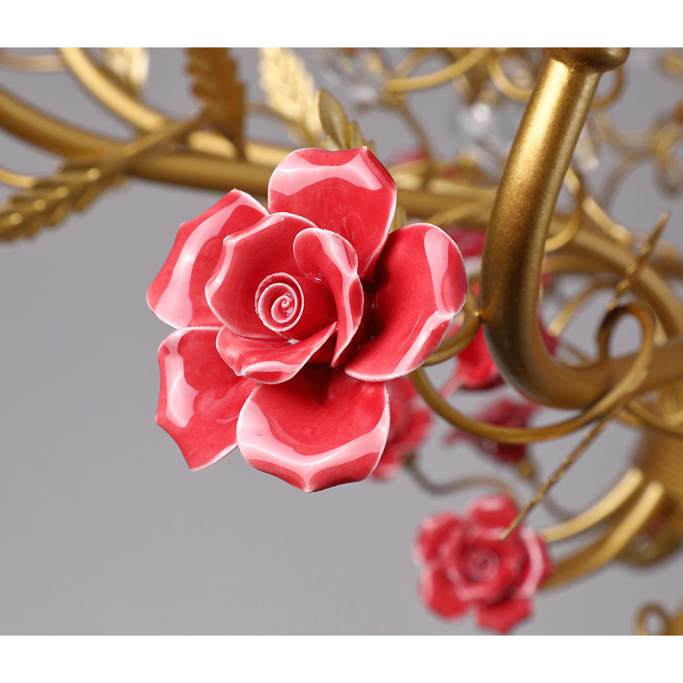 Ceramic Rose Vine Chandelier - Luxury Floral 5/6/8-Light Brass & Crystal Pendan