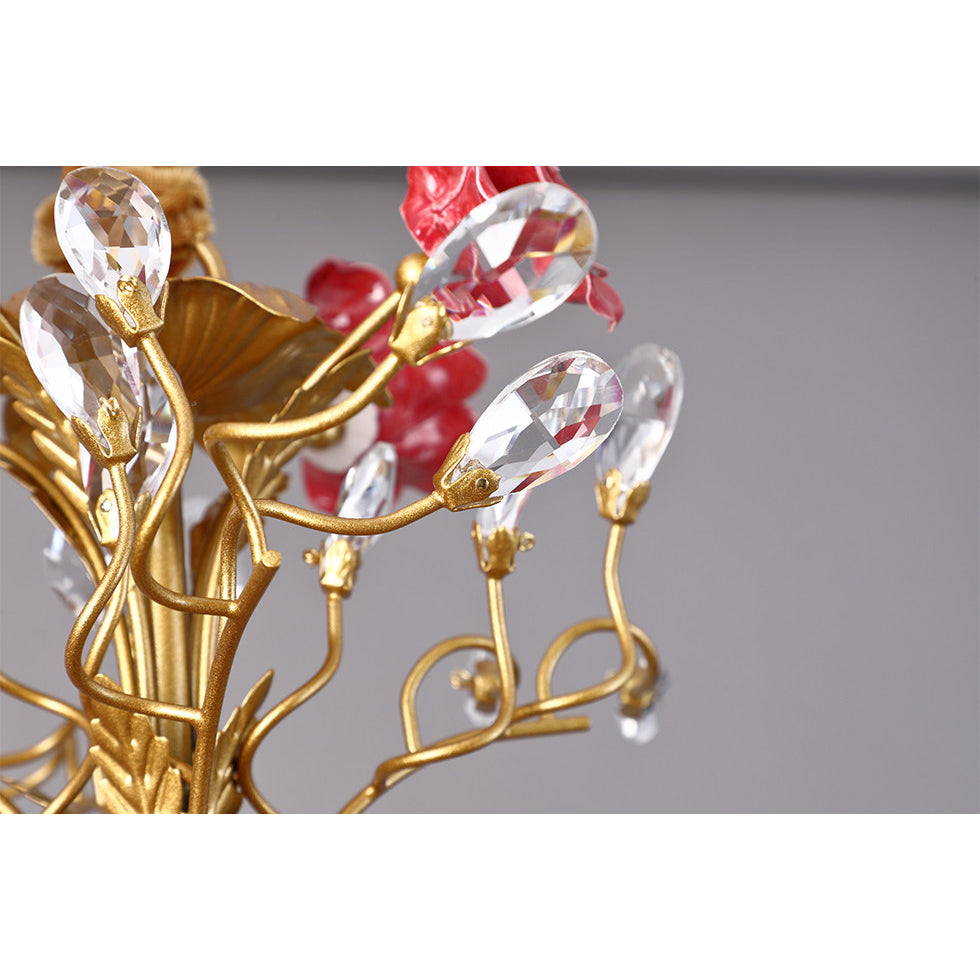 Ceramic Rose Vine Chandelier - Luxury Floral 5/6/8-Light Brass & Crystal Pendan