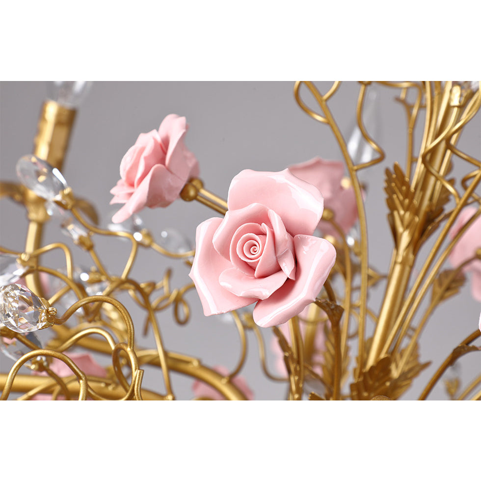 Ceramic Rose Vine Chandelier - Luxury Floral 5/6/8-Light Brass & Crystal Pendan