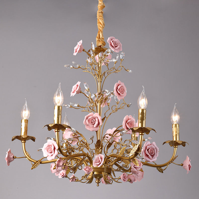 Ceramic Rose Vine Chandelier - Luxury Floral 5/6/8-Light Brass & Crystal Pendan