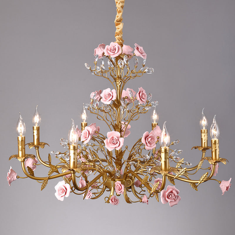 Ceramic Rose Vine Chandelier - Luxury Floral 5/6/8-Light Brass & Crystal Pendan