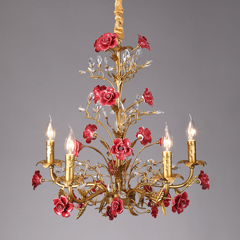 Ceramic Rose Vine Chandelier - Luxury Floral 5/6/8-Light Brass & Crystal Pendan