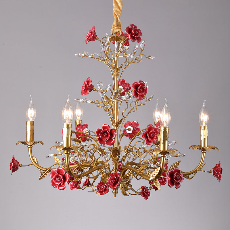 Ceramic Rose Vine Chandelier - Luxury Floral 5/6/8-Light Brass & Crystal Pendan