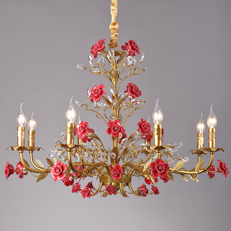 Ceramic Rose Vine Chandelier - Luxury Floral 5/6/8-Light Brass & Crystal Pendan
