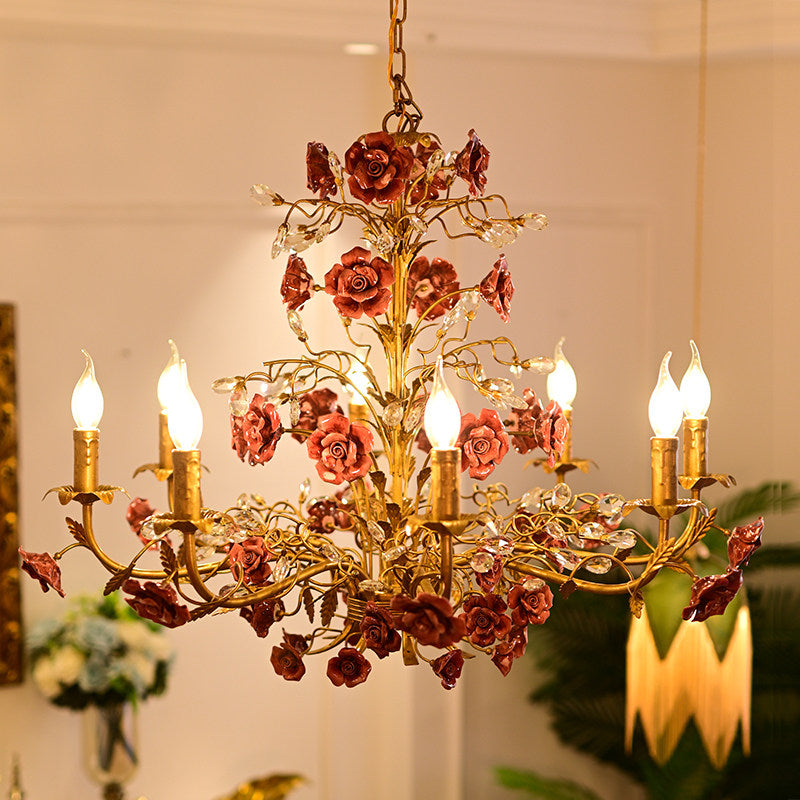 Ceramic Rose Vine Chandelier - Luxury Floral 5/6/8-Light Brass & Crystal Pendan
