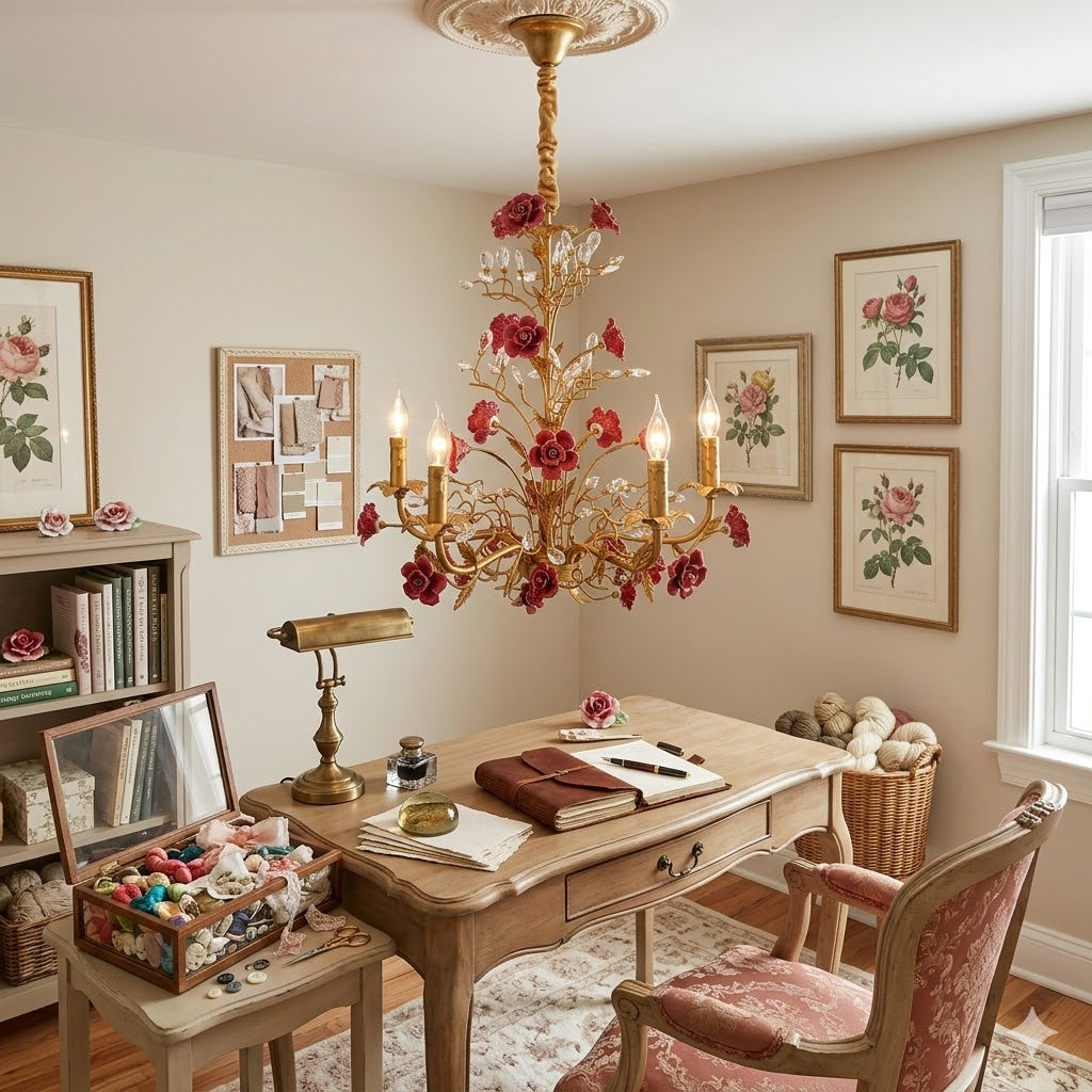 Ceramic Rose Vine Chandelier - Luxury Floral 5/6/8-Light Brass & Crystal Pendan