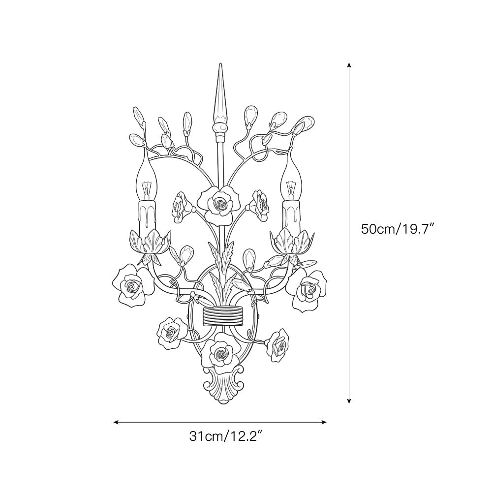 Ceramic Rose Vine Sconce - Shabby Chic 2-Light Floral Wall Light with Crystals