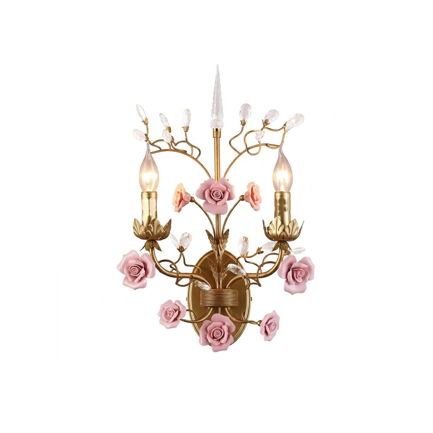 Ceramic Rose Vine Sconce - Shabby Chic 2-Light Floral Wall Light with Crystals
