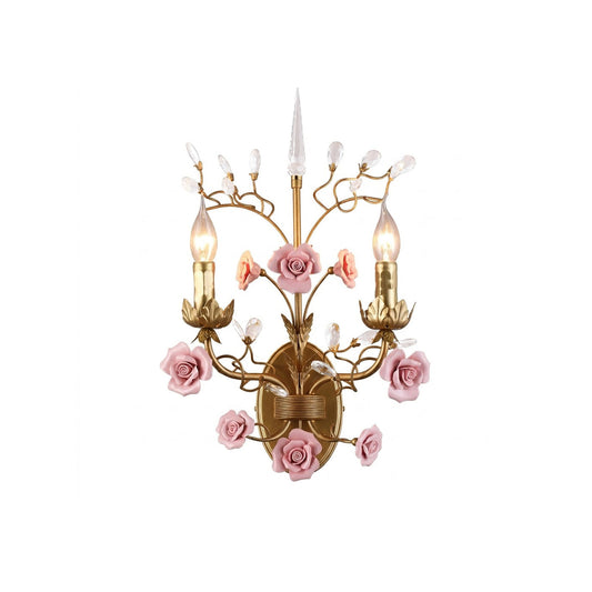 Ceramic Rose Vine Sconce - Shabby Chic 2-Light Floral Wall Light with Crystals