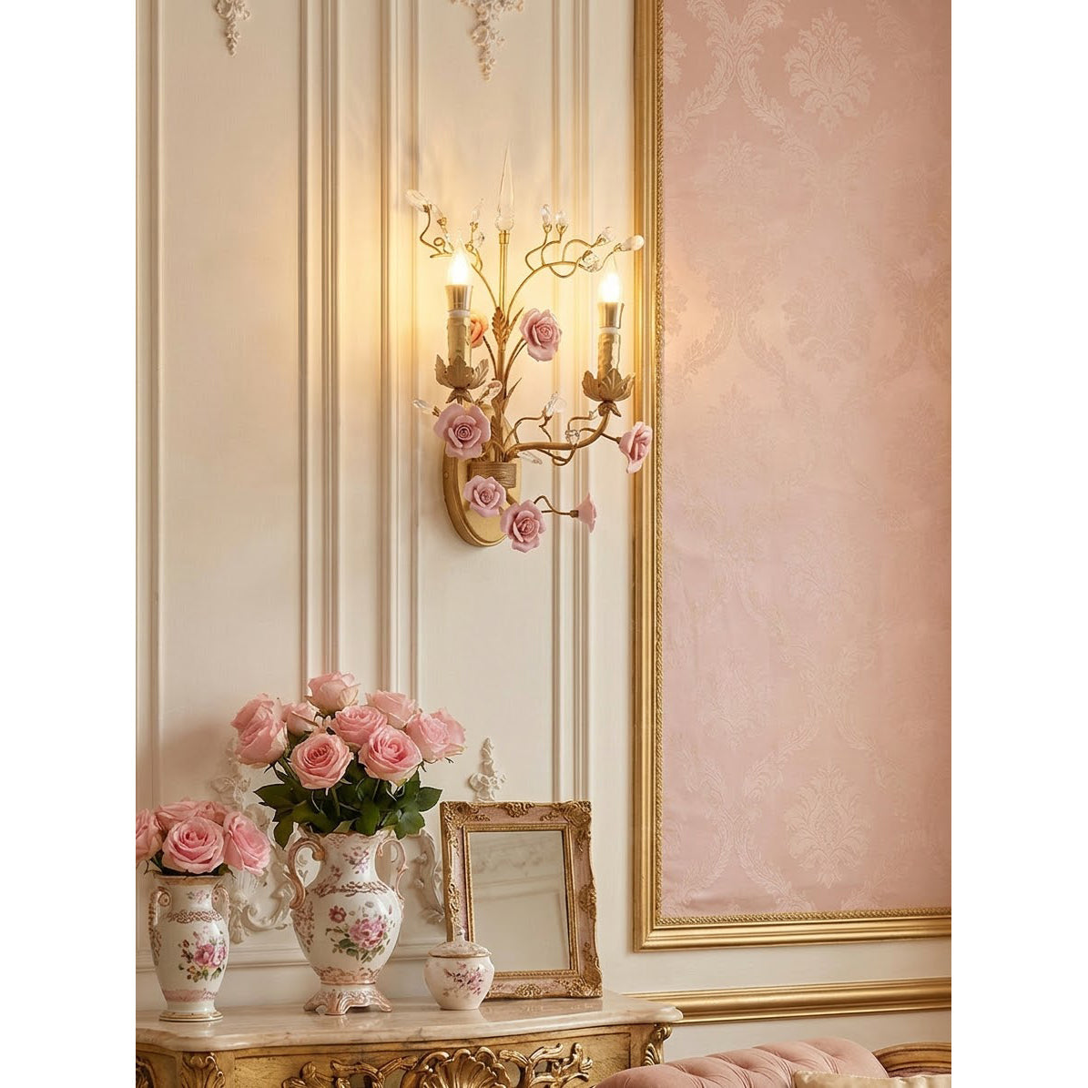 Ceramic Rose Vine Sconce - Shabby Chic 2-Light Floral Wall Light with Crystals